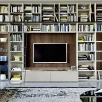Wohnwand mit Bücherregal Way 09: Ansicht des TV-Fachs mit lackierten Schränken und Holzrückwand mit LED-Beleuchtung