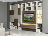 Wohnwand mit Bücherregal, Platz für TV-Gerät, Vitrine. Auswahl an Ausführungen und Farben. Integrierte LED-Beleuchtung.