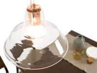 Detailbild des Lampenschirmes aus trasparentem Glas und des Sockels aus galvanischem Kupfer