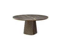Der Tisch ist auch mit einer runden Platte erhältlich, in den gleichen Ausführungen wie die rechteckigen und geformten Versionen