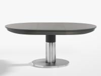 Ausziehbarer runder Tisch mit zentralem Diva-Fuß und unter der Platte verborgenem Ausziehmechanismus