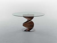 Runder Tisch Firenze, mit Tischplatte in Glas und Basisfuß in Holz Nussbaum Canaletto massiv 