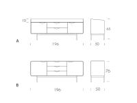 Maßzeichnung der beiden Opera-Versionen: A) TV-Ständer / B) Sideboard