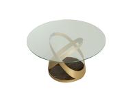 Runder Tisch Capri mit transparenter Glasplatte, Struktur in Metall goldfarben lackiert und Basisockel in Marmor bronze Emperador glänzend