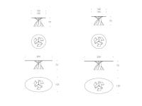 Zeichnungen und Maße des Tisches Eliseo in runder und elliptischer Ausführung