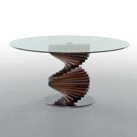 Runder Tisch Firenze, mit Tischplatte in Glas und Basisfuß in Holz Nussbaum Canaletto massiv 