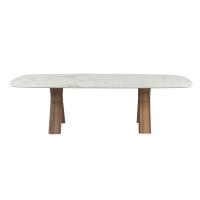 Rechteckiger geformter Tisch mit Tischplatte in Porzellan Steinzeug Macchiavecchia matt und Tischbeine in Nussbaum