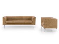 3-Sitzer-Sofa und Sessel Alias, gepolstert mit Leder Retrò 300, mit niedrigen Füßen aus poliertem Aluminium