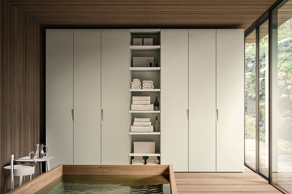 White 6-door wardrobe with central shelving unit