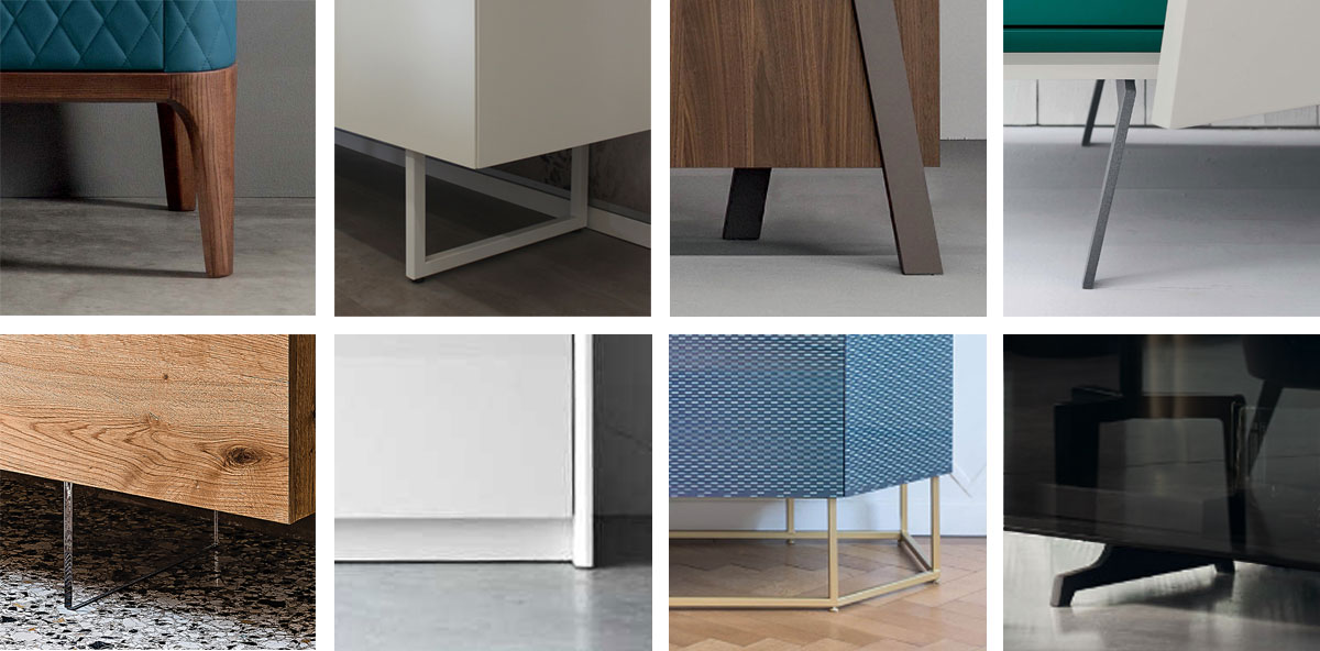 Collage con immagini di piedini e basi per credenza