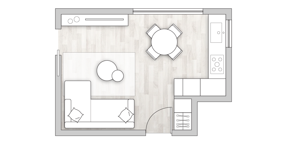 Open space con salotto e cucina in 20mq