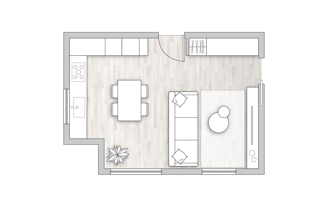 Open space 30 mq con cucina e soggiorno insieme