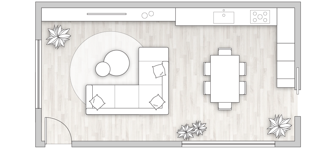 Open space rettangolare con living integrato alla cucina