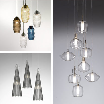 Modern table lamps, pendant lamps and wall lamps made of blown glass