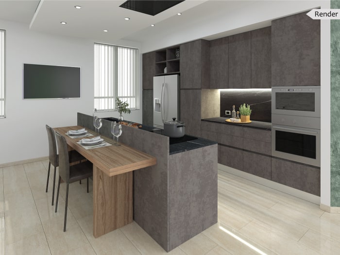 Render fotorealistico della cucina: progetto sviluppato dai nostri Interior Designer