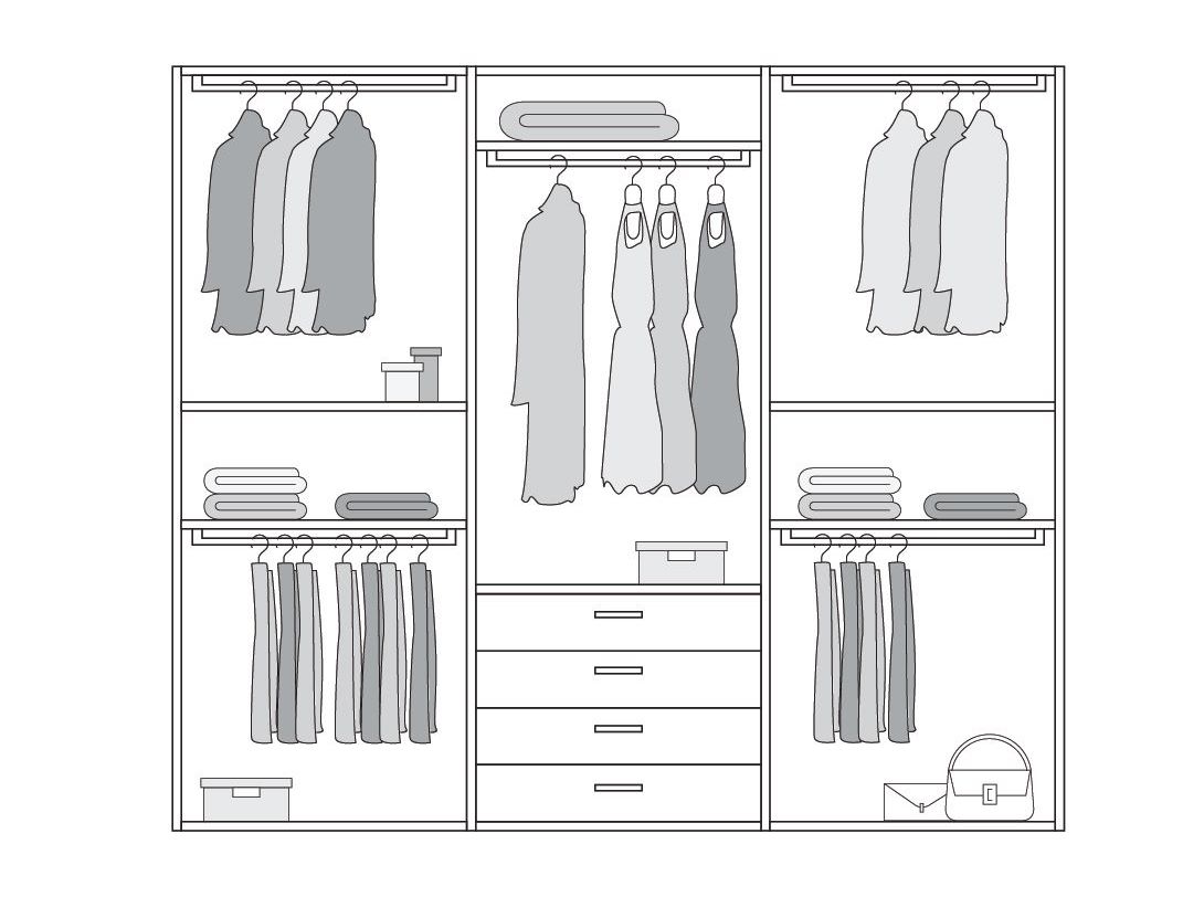 Esempio di configurazione interna simmetrica di un armadio a 6 ante per due persone
