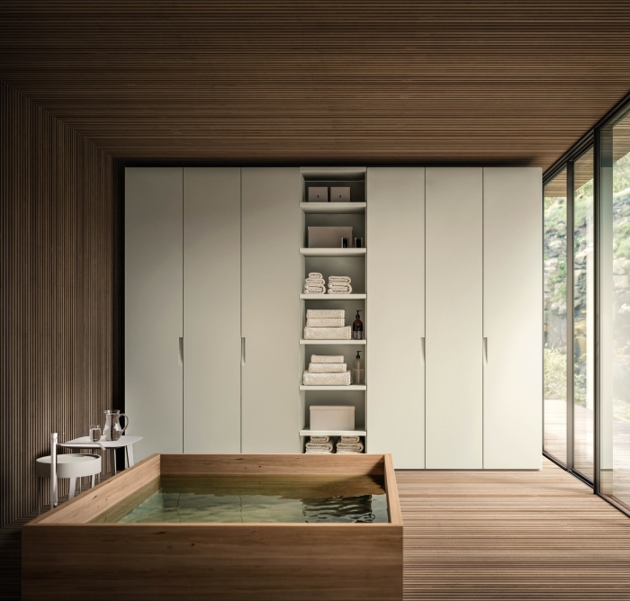 Armadio battente laccato beige Flash per elegante bagno moderno