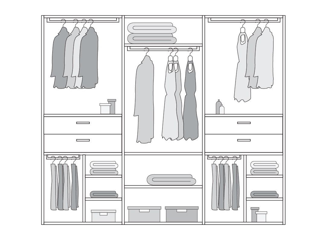 Esempio di configurazione dell'interno di un armadio a 6 ante con zona centrale condivisa