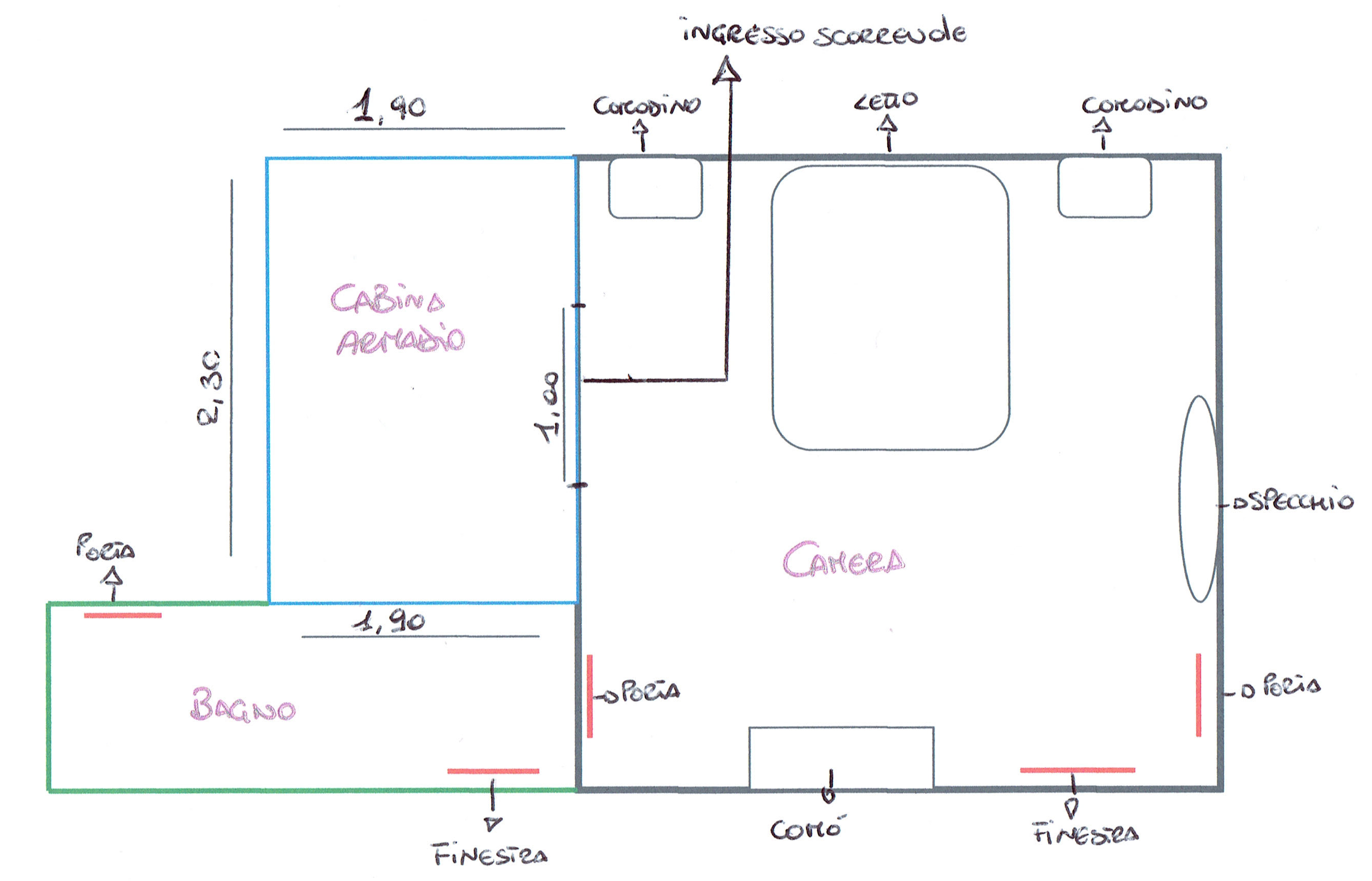 Piantina zona notte della casa della Cliente - camera matrimoniale con bagno e cabina armadio