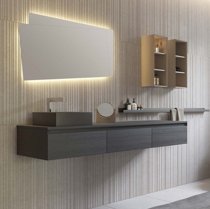 Mobile bagno minimal chic con cassetti sospesi e lavabo in appoggio Ikon