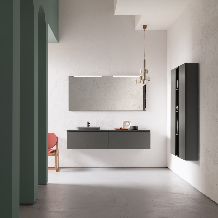 Mobile bagno minimal chic con specchiera, pensili ed elemento a giorno N80 Atlantic