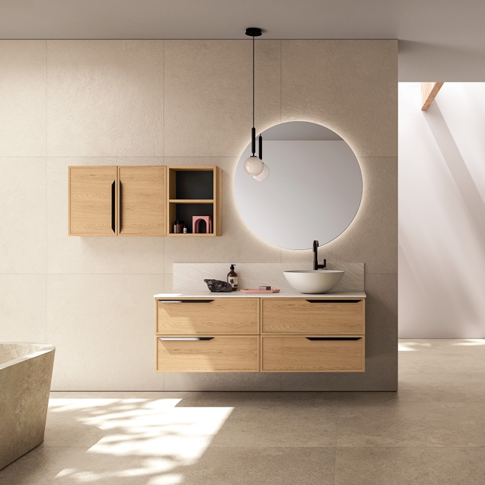 Palette beige e bianca per bagno con mobile N101 Frame con top in gres e lavabo in ceramica