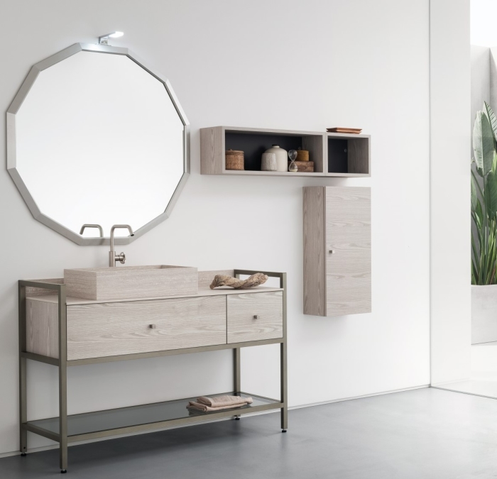 Mobile bagno beige in metallo e legno Atlantic N91 con lavabo in HPL e top in tinta