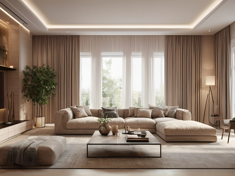 Esempio di soggiorno decorato con palette cromatica beige