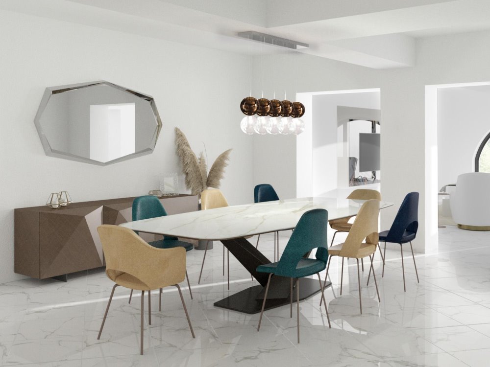 Esempio di uso di colori pastello e d'accento in una sala da pranzo in stile quiet luxury
