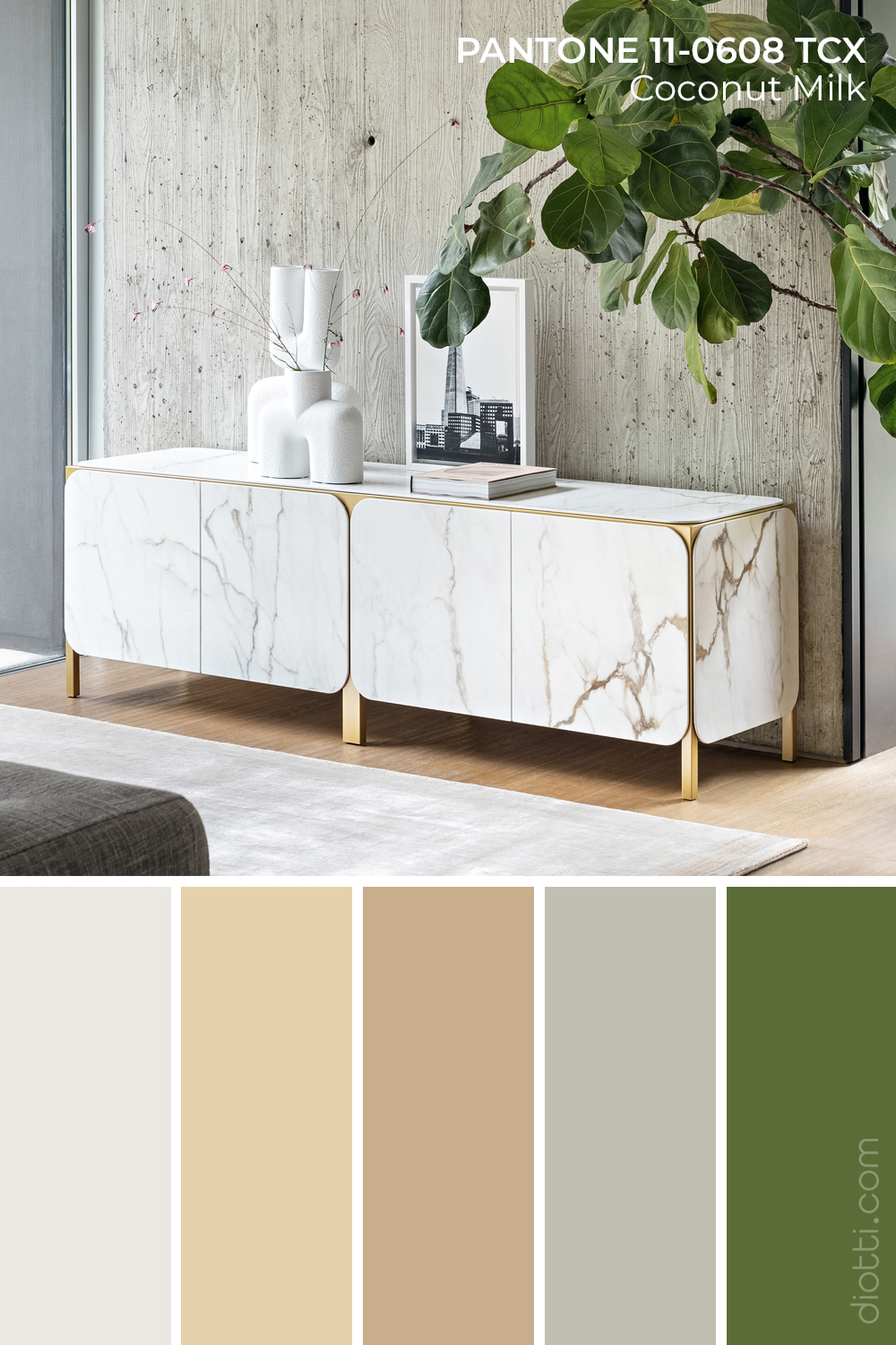 Palette colori sui toni del bianco, beige, grigio, oro per questa moderna ed elegante credenza.