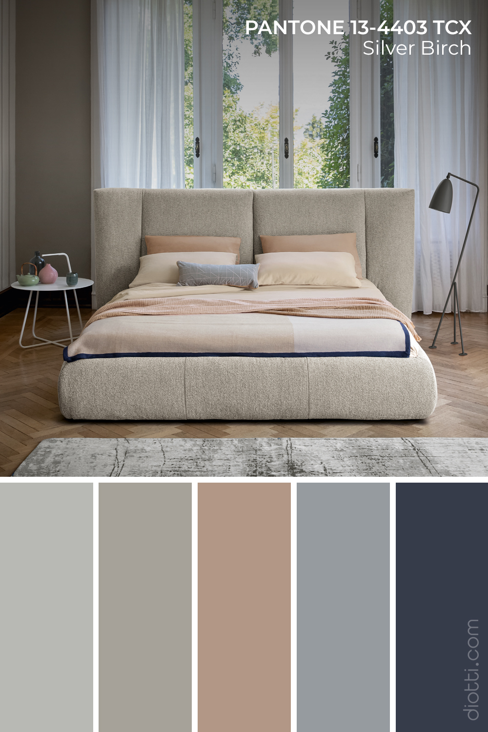 Palette con sfumature di grigio / argento per una camera da letto moderna