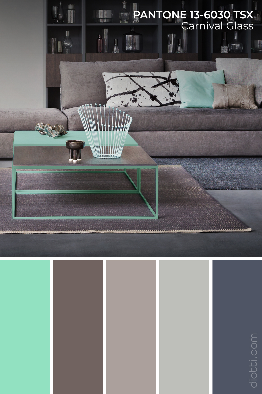 Idee palette colori soggiorno all'insegna del verde acqua smorzato da varie tonalità di grigio.