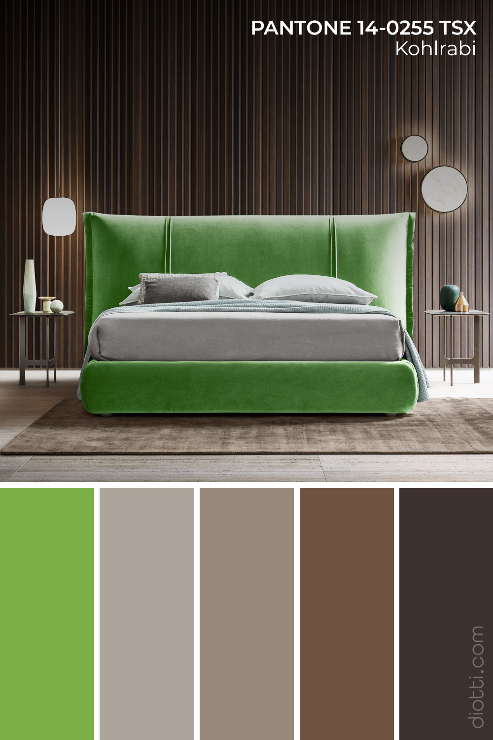 Palette colori per camera da letto originale e particolare in verde, grigio e marrone scuro.