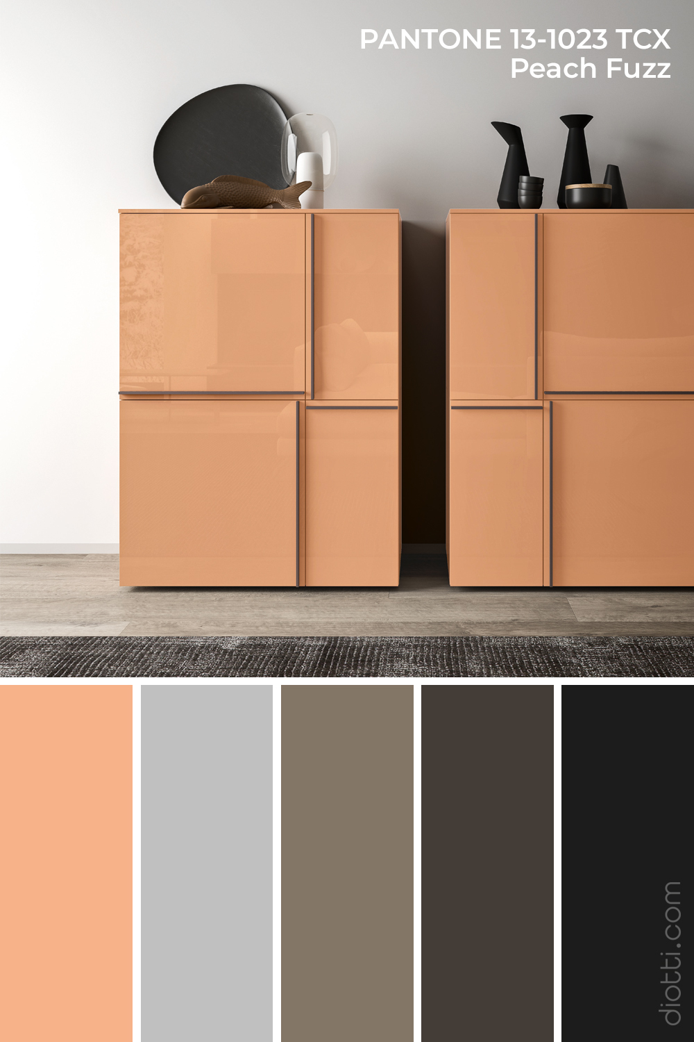Pantone Peach Fuzz 13-1023 - Moodboard con palette di colori per il soggiorno