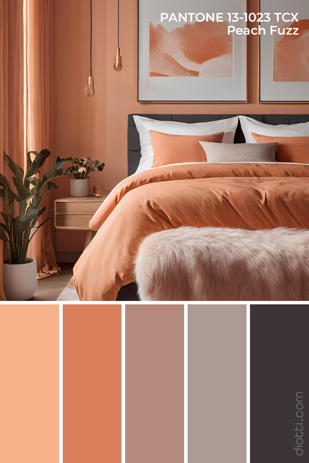 Pantone Peach Fuzz 13-1023 - Moodboard con palette di colori per la camera da letto