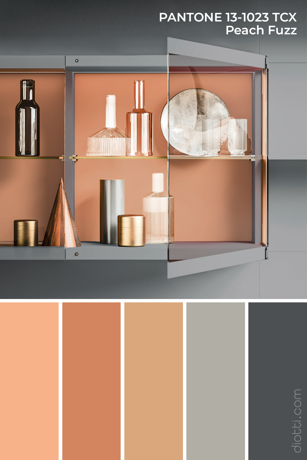 Pantone Peach Fuzz 13-1023 - Moodboard con palette di colori per il soggiorno