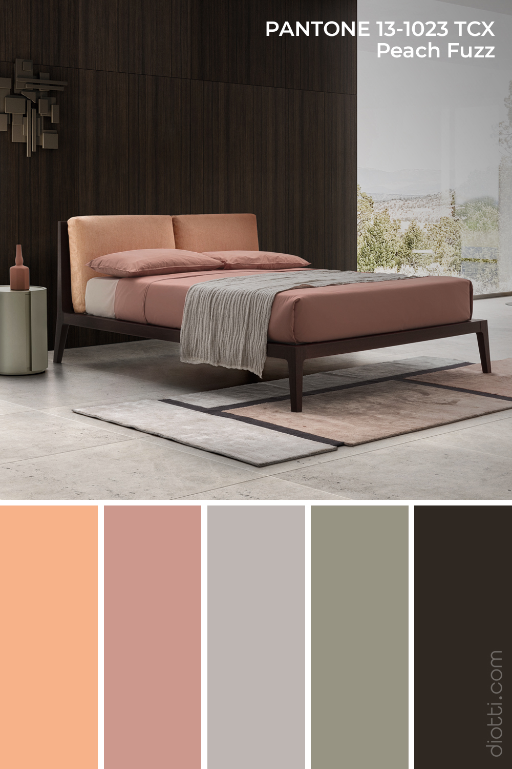 Pantone Peach Fuzz 13-1023 - Moodboard con palette di colori per la camera da letto