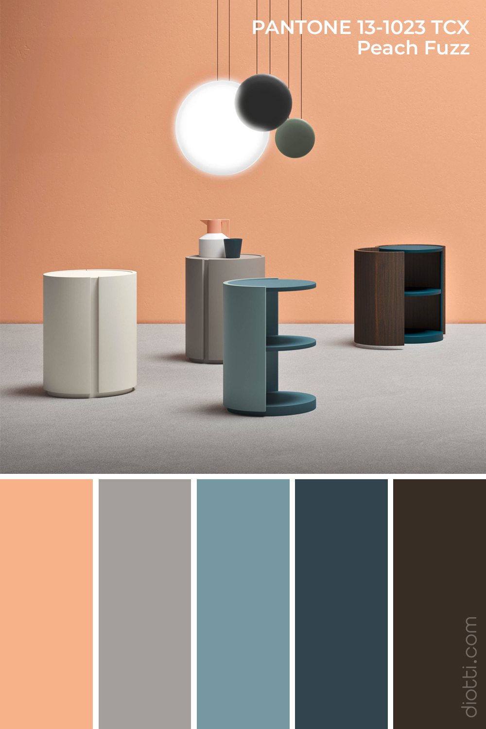 Pantone Peach Fuzz 13-1023 - Moodboard con palette di colori per la camera da letto