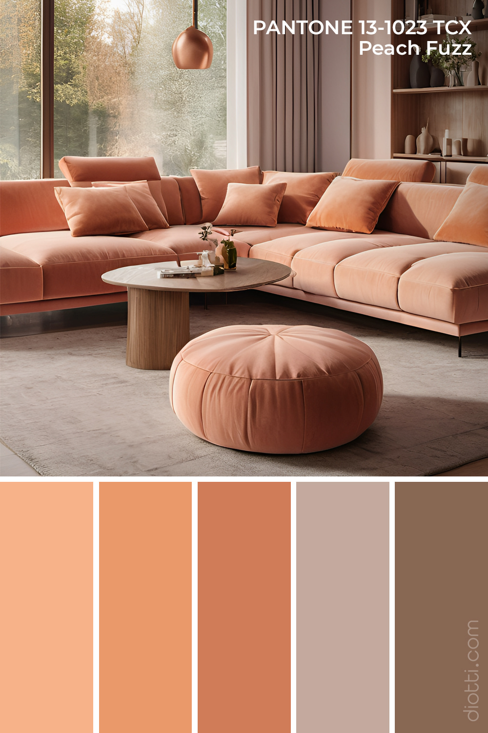 Pantone Peach Fuzz 13-1023 - Moodboard con palette di colori per il salotto