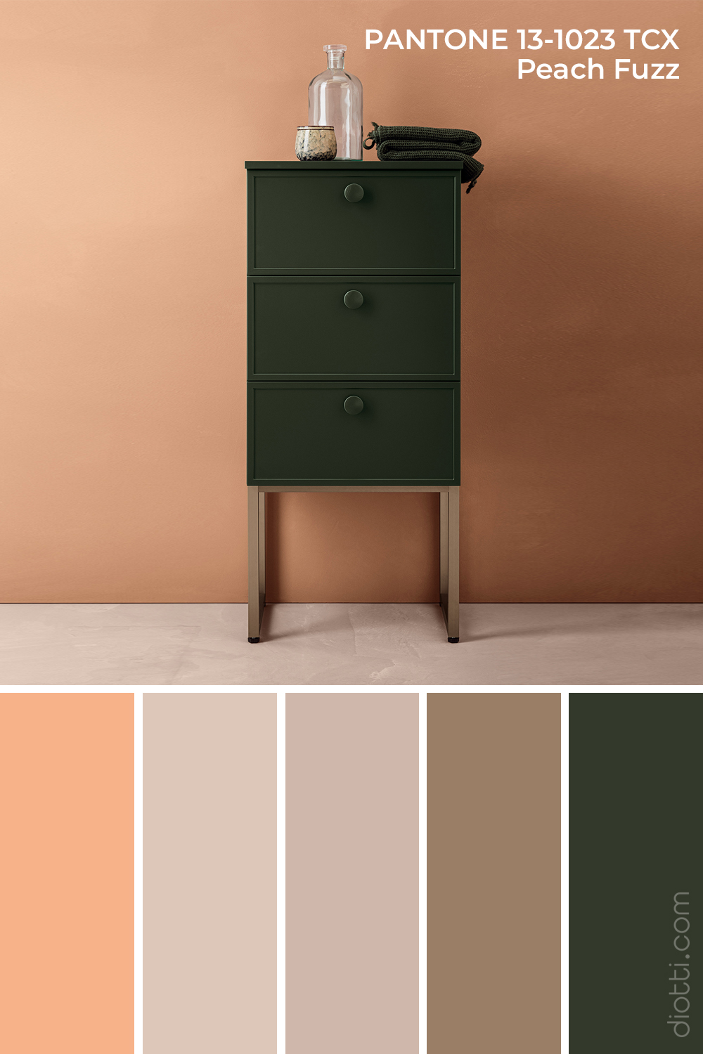 Pantone Peach Fuzz 13-1023 - Moodboard con palette di colori per il bagno