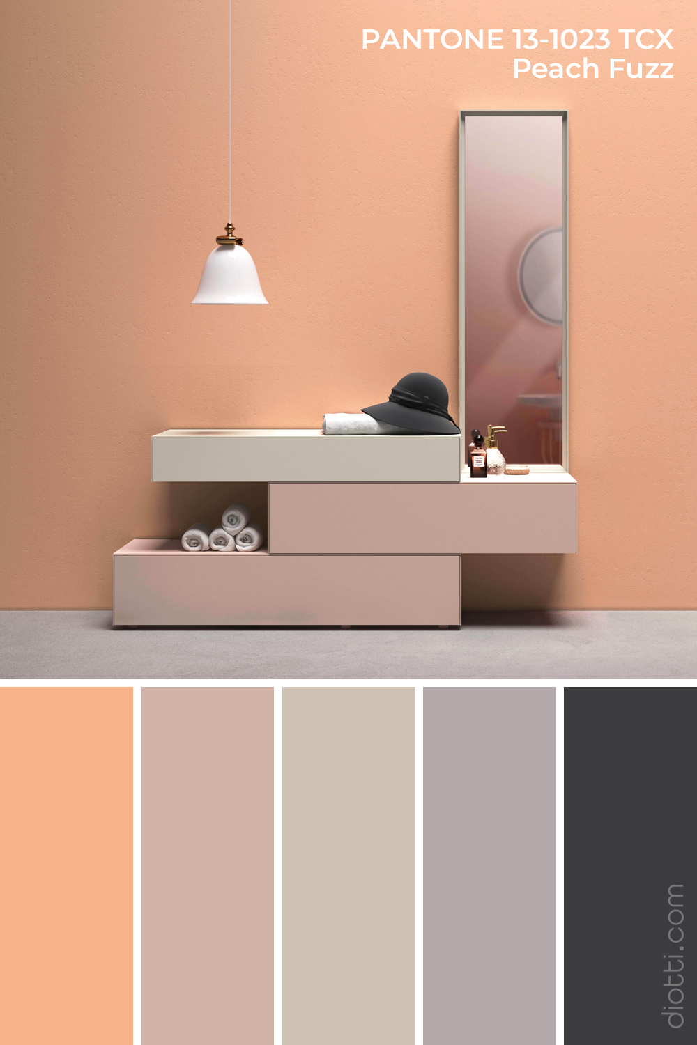 Pantone Peach Fuzz 13-1023 - Moodboard con palette di colori per la camera da letto
