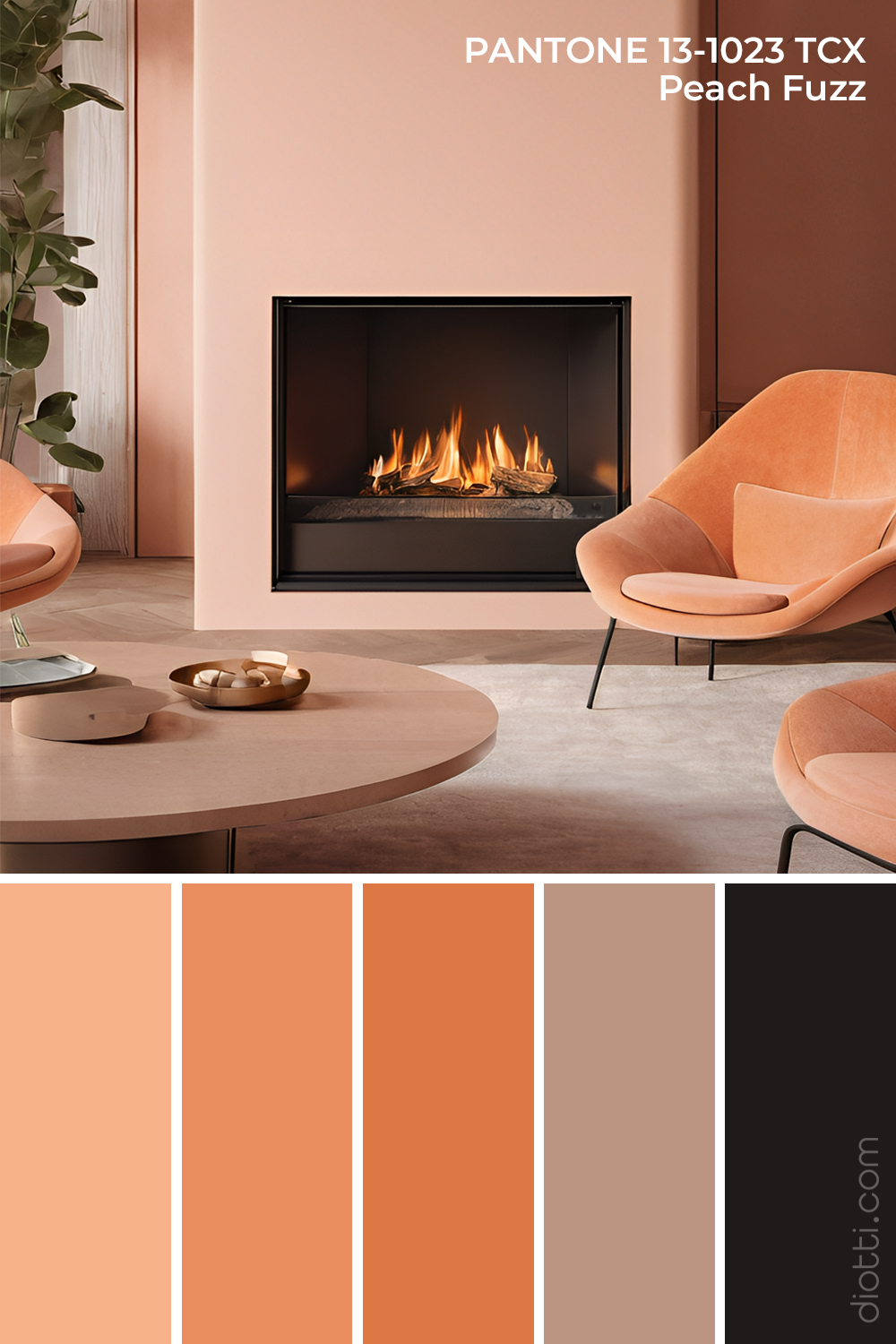 Pantone Peach Fuzz 13-1023 - Moodboard con palette di colori per il salotto