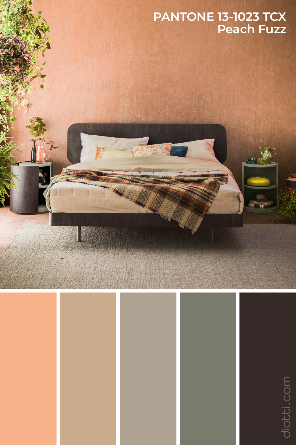 Pantone Peach Fuzz 13-1023 - Moodboard con palette di colori per la camera da letto