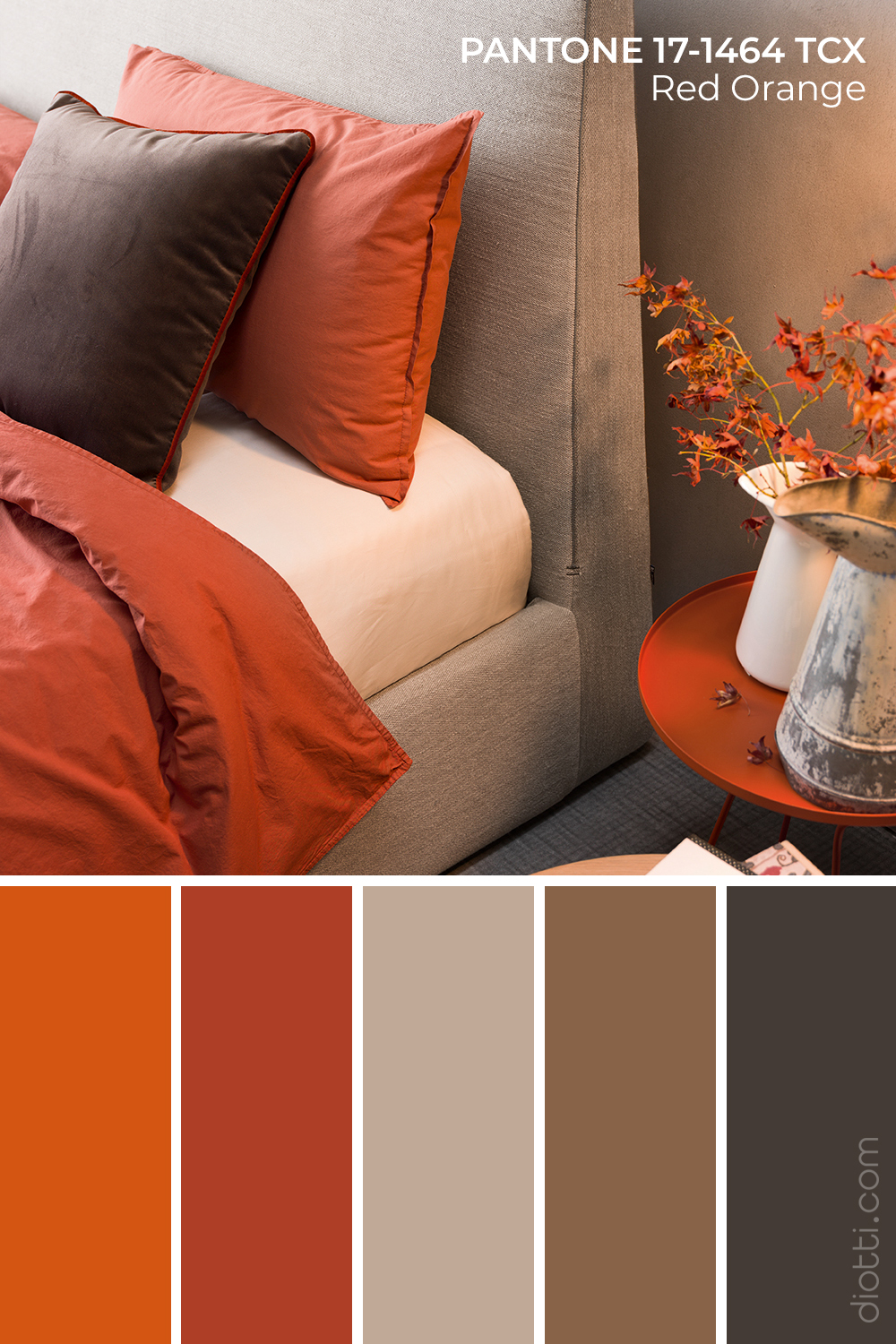 Palette colori arancione e marrone per una camera da letto in perfetto stile autunnale