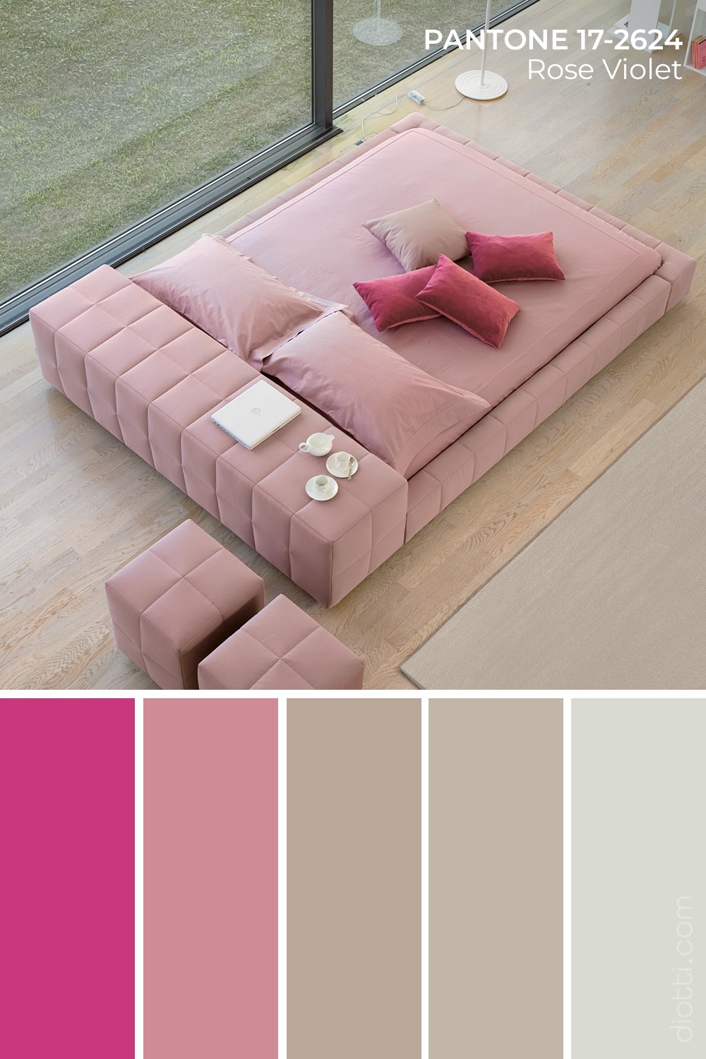 Palette colori fucsia, rosa e tortora per una camera da letto originale e super moderna.