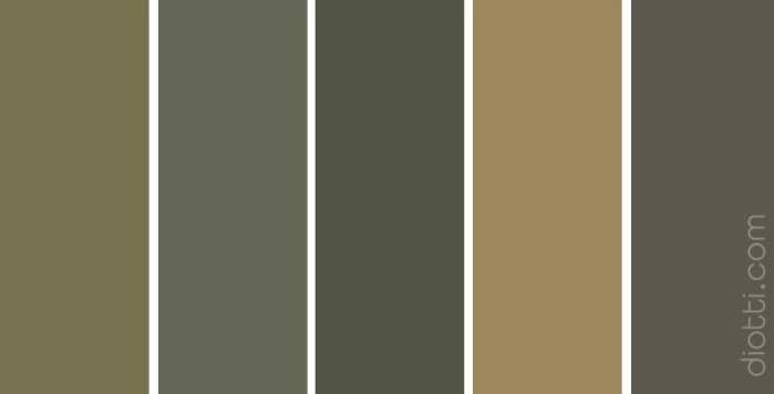 Palette Martini Olive: verde oliva, verde salvia, verde cacciatore, ecru, grigio pietra