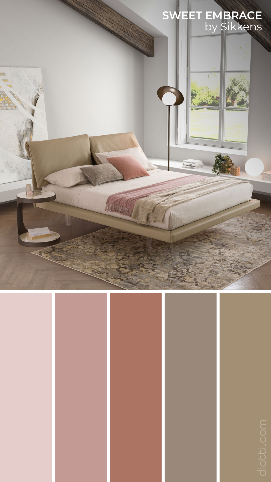 Letto matrimoniale in pelle beige con cuscini decorativi e coperte rosa chiaro