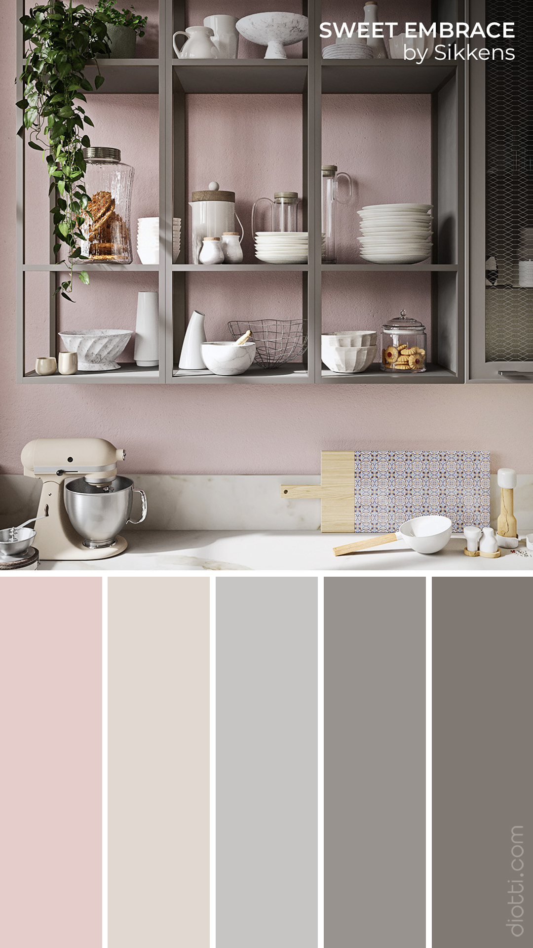Pensili cucina con telaio in metallo verniciato grigio appesi a parete rosa chiaro