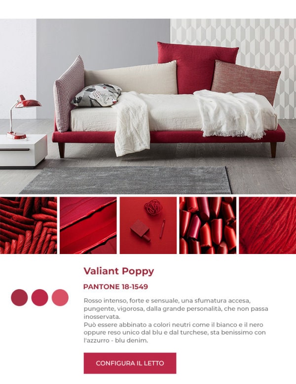 Letto imbottito rosso in Pantone Valiant Poppy