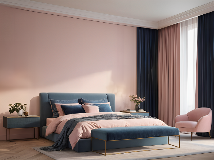 Camera da letto blu e rosa cipria